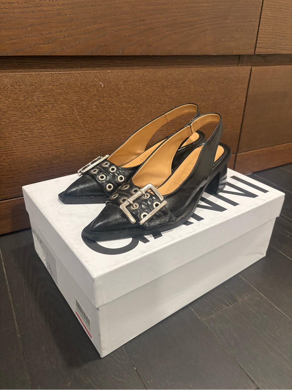 Ganni Black Slingback Pointed-Toe Heels With Buckle Accent